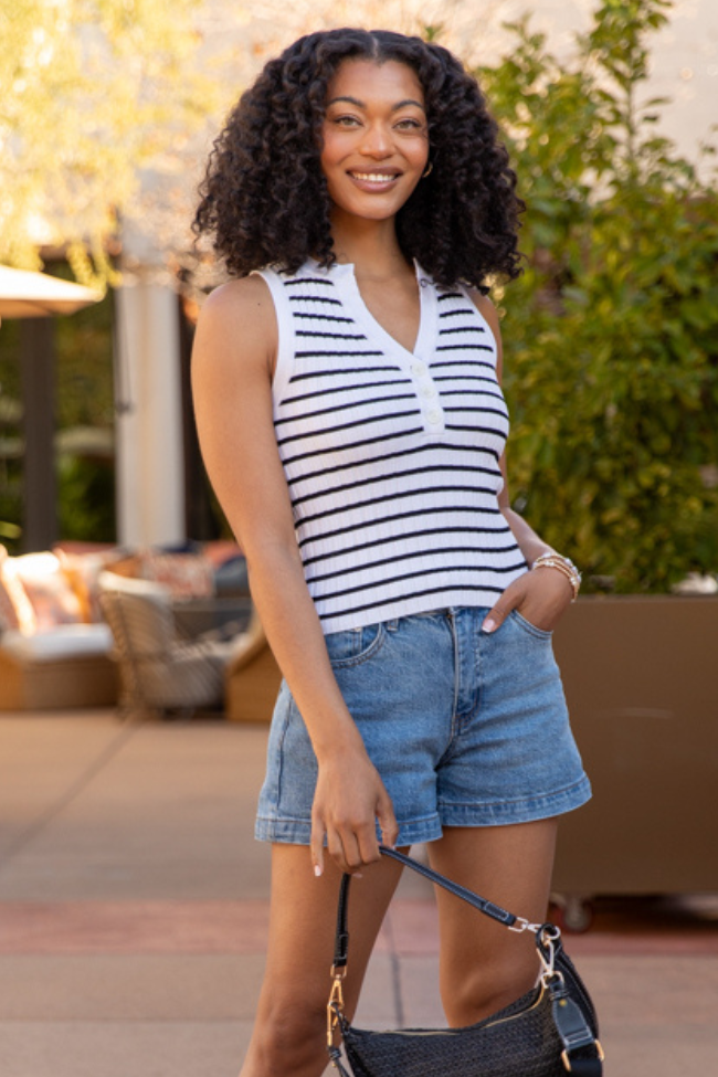 Read Between The Lines Ivory and Black Striped Henley Tank